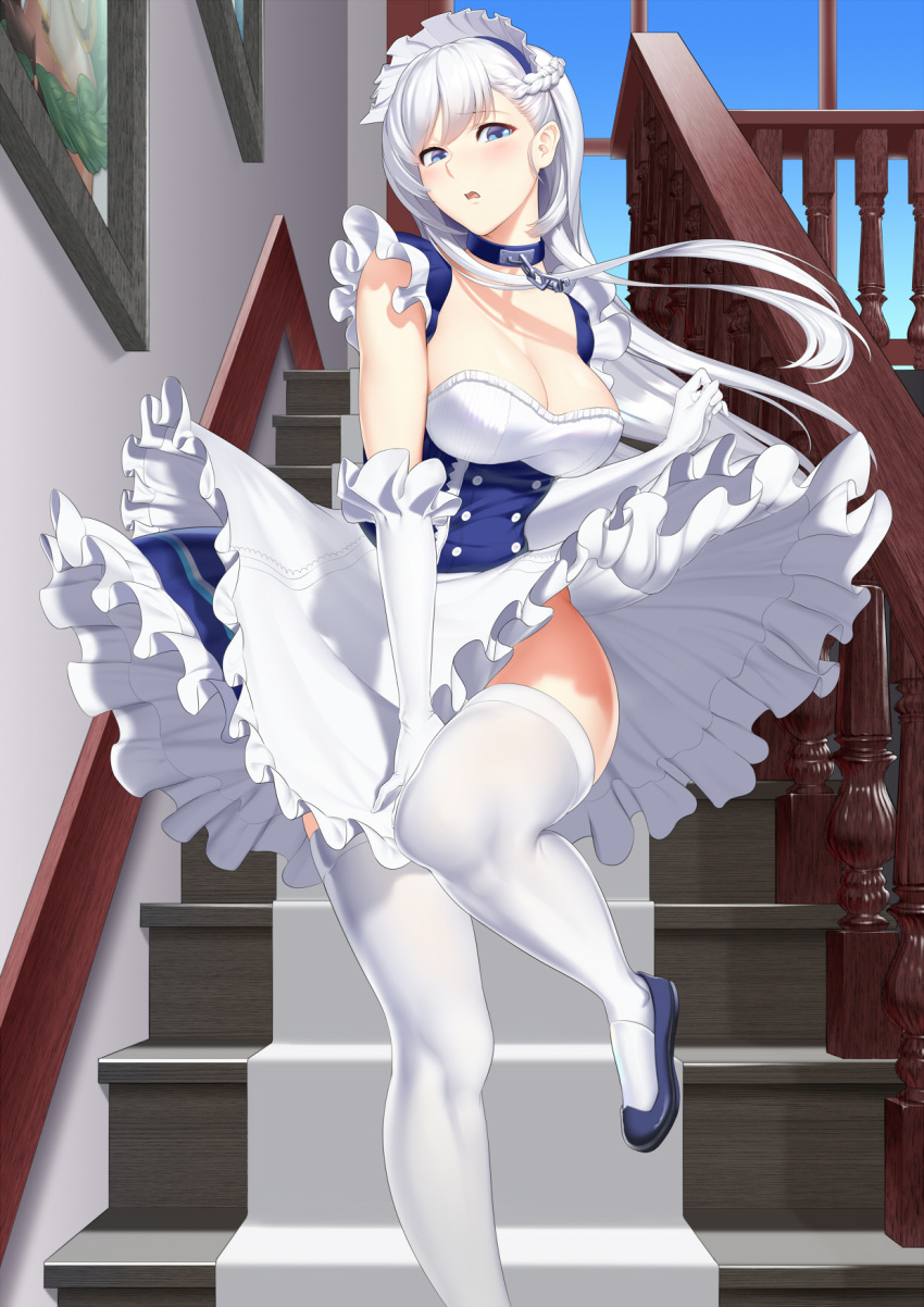 1girl :o apron azur_lane baiyin bangs belfast_(azur_lane) blue_eyes blue_sky blush braid breasts chains cleavage clouds collar collarbone commentary_request day dress eyebrows_visible_through_hair french_braid frills gloves highres indoors large_breasts long_hair looking_at_viewer maid maid_headdress open_mouth photo_(object) revision sidelocks silver_hair sky solo stairs white_gloves wind wind_lift window