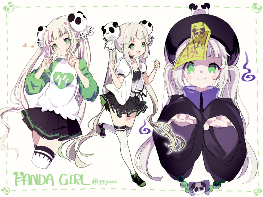 1girl :d black_footwear black_robe black_skirt captain_yue clenched_hands closed_mouth clothes_writing double_v fangs fangs_out green_eyes hair_ornament hands_up head_tilt heart jacket jiangshi light_brown_hair long_hair long_sleeves multiple_views ofuda open_clothes open_jacket open_mouth original outstretched_arms panda_hair_ornament pleated_skirt puffy_long_sleeves puffy_short_sleeves puffy_sleeves shirt shoes short_sleeves skirt smile sneakers thigh-highs translation_request twintails v very_long_hair white_background white_jacket white_legwear white_shirt wide_sleeves zombie_pose
