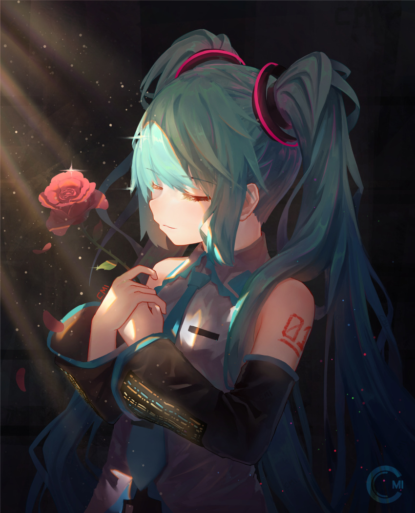 1girl blue_hair blue_neckwear c.mi closed_eyes dark_background detached_sleeves expressionless eyebrows_visible_through_hair flower grey_shirt hatsune_miku highres holding holding_flower leaf light_particles light_rays light_smile long_hair necktie number_tattoo petals red_flower red_rose rose shirt shoulder_tattoo signature solo sparkle sunlight tattoo very_long_hair vocaloid
