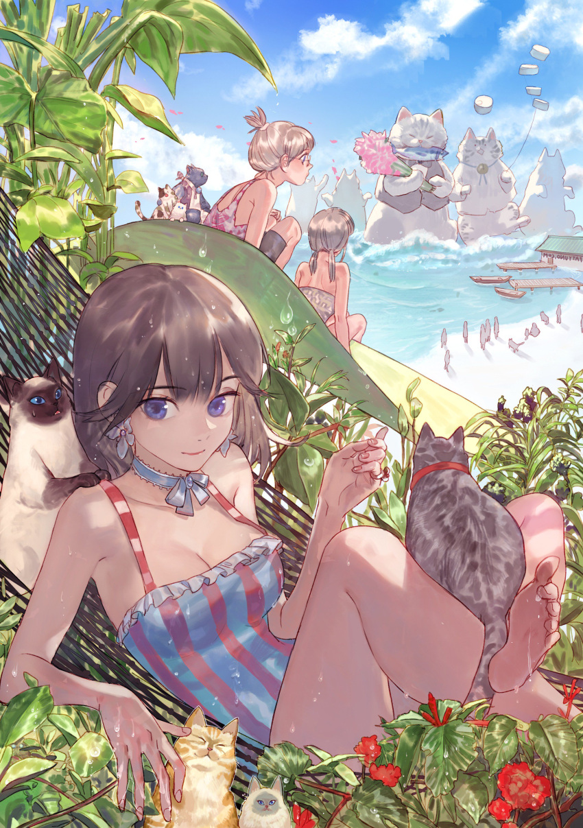 3girls absurdres animal black_hair blue_eyes breasts brown_hair cat cleavage closed_mouth collar day eyebrows_visible_through_hair glasses hammock highres jewelry looking_at_viewer low_twintails lying medium_breasts medium_hair multiple_girls on_back one-piece_swimsuit original outdoors oversized_animal patyuno ring scenery short_hair short_twintails sitting smile swimsuit twintails white_hair