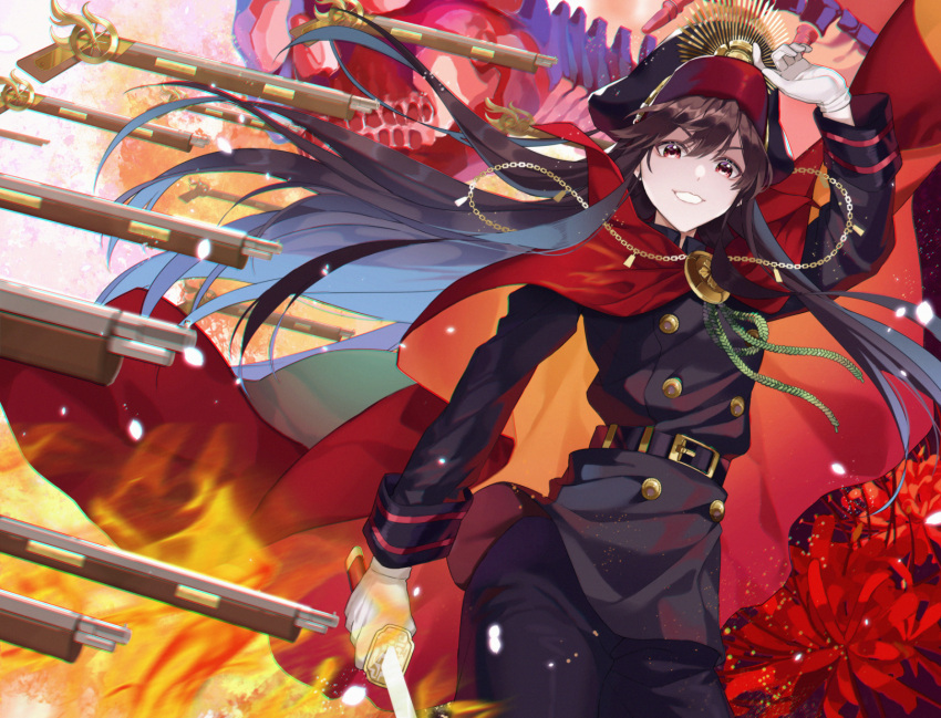 1girl al_(ahr) belt black_hair black_headwear black_jacket black_pants brown_eyes cape cowboy_shot fate/grand_order fate_(series) floating_hair gloves grin gun hair_between_eyes hat highres holding holding_sword holding_weapon jacket long_hair long_sleeves looking_at_viewer military_hat military_jacket oda_nobunaga_(fate) pants peaked_cap red_cape rifle smile solo standing sword very_long_hair weapon white_gloves