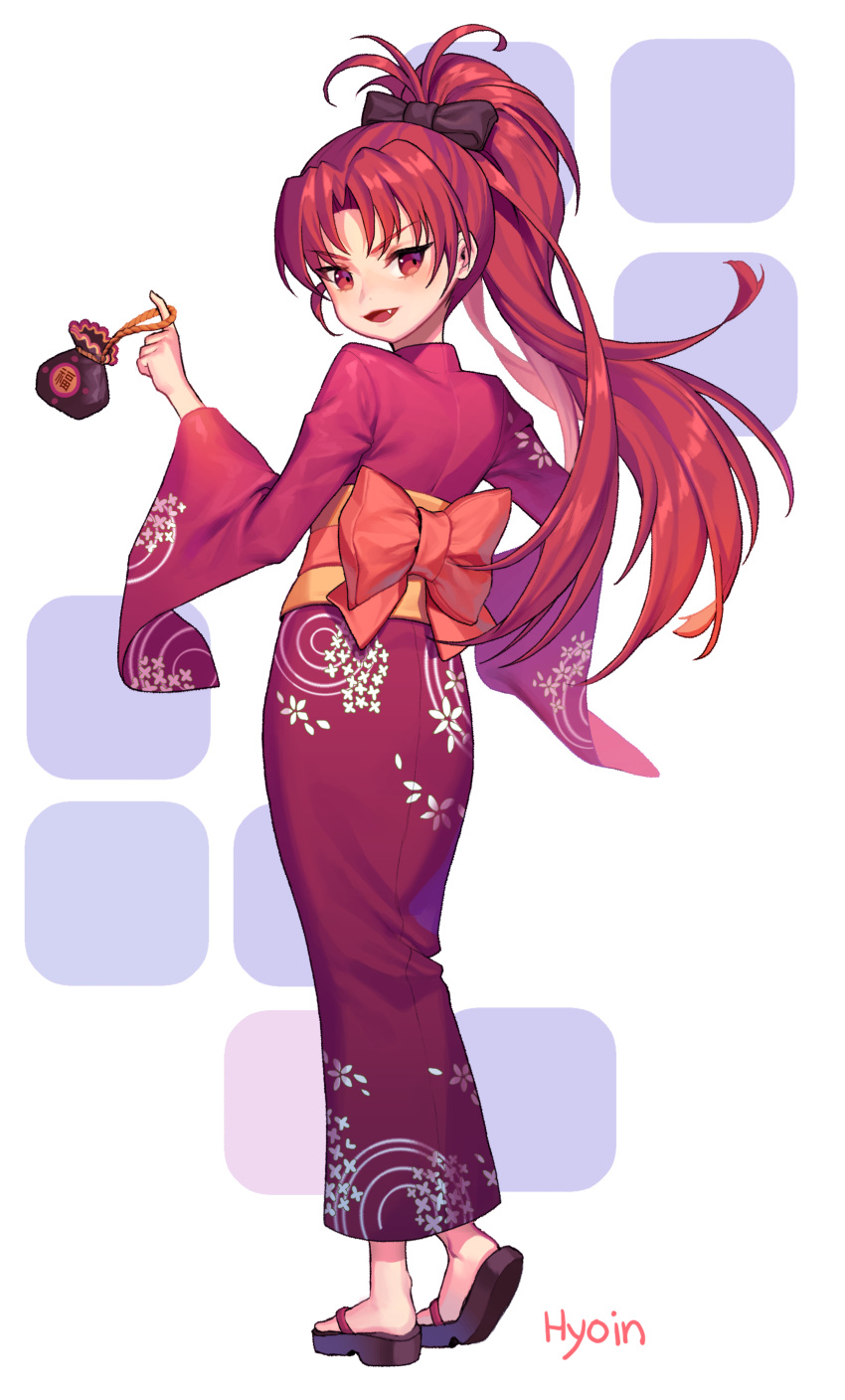 1girl :d absurdres artist_name black_bow bow doyoom fan floating_hair from_behind full_body hair_bow high_ponytail highres holding japanese_clothes kimono long_hair looking_at_viewer looking_back mahou_shoujo_madoka_magica obi open_mouth print_kimono red_bow red_eyes red_kimono redhead sakura_kyouko sash shiny shiny_hair smile solo standing very_long_hair white_background yukata