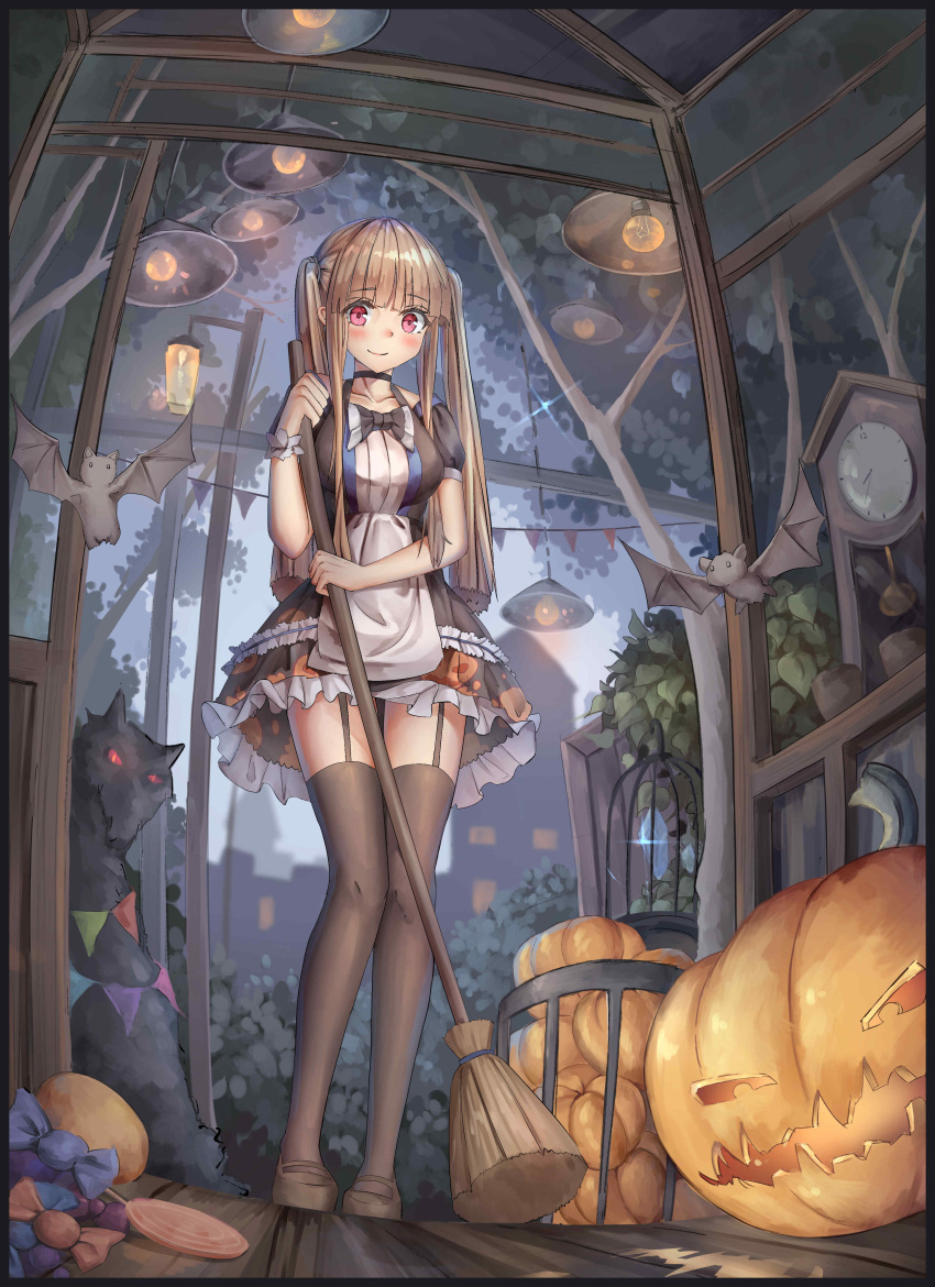 1girl absurdres bat bkyuuc black_dress black_legwear blonde_hair blush breasts broom brown_footwear candy clock commentary_request dress eyebrows_visible_through_hair food from_below full_body halloween highres holding lamp large_breasts long_hair looking_at_viewer original outdoors pink_eyes pumpkin smile solo thigh-highs twintails wolf