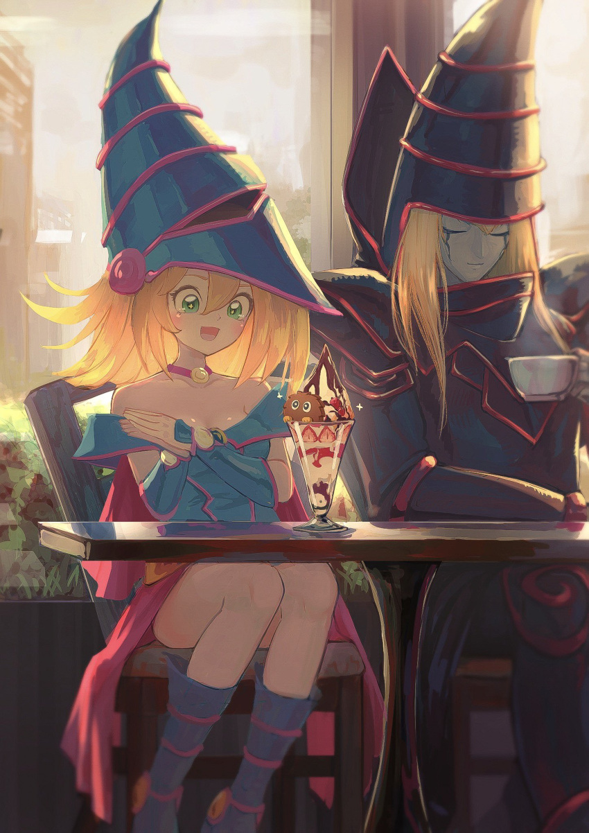 +_+ 1boy 1girl bare_shoulders blonde_hair blue_legwear blush boots building chair cherry chocolate choker closed_eyes closed_mouth collarbone cup dark_magician dark_magician_girl dessert facial_mark food fruit green_eyes grey_skin hair_between_eyes hands_together hat highres holding holding_cup ice_cream indoors kashu_(hizake) kuriboh long_hair medium_hair open_mouth pink_choker plant reflection sitting smile sparkle steam strawberry sundae table tongue transparent vambraces window yu-gi-oh!