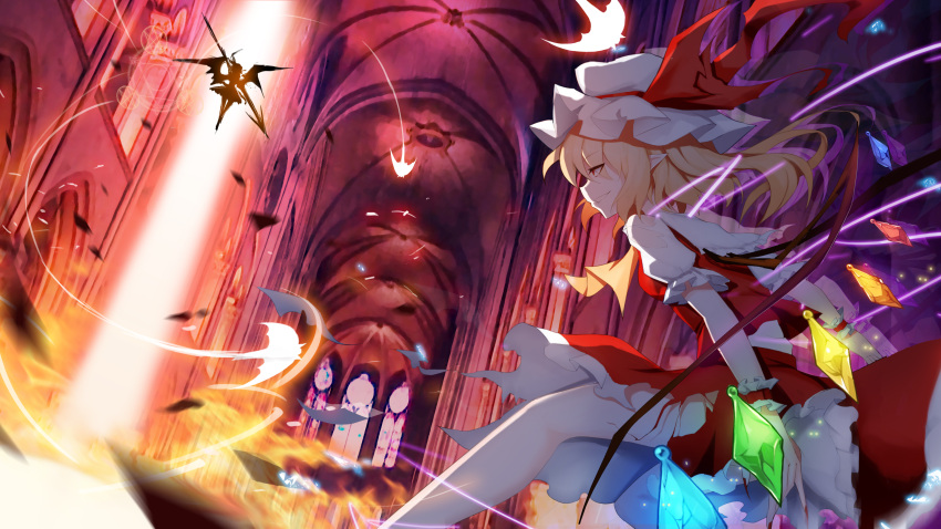 2girls absurdres ascot bangs bare_shoulders bat_wings blonde_hair breasts chinese_commentary commentary_request crystal dress dutch_angle eyebrows_visible_through_hair feet_out_of_frame fire flame flandre_scarlet frilled_shirt_collar frills from_side grin hair_between_eyes hat hat_ribbon highres holding holding_weapon indoors leidami long_hair mob_cap multiple_girls one_side_up petticoat pointy_ears polearm profile puffy_short_sleeves puffy_sleeves red_eyes red_ribbon red_skirt red_vest remilia_scarlet ribbon shirt short_sleeves siblings sisters skirt skirt_set small_breasts smile spear spear_the_gungnir torn_clothes torn_skirt torn_sleeves touhou vest weapon white_headwear white_shirt wings wrist_cuffs yellow_neckwear