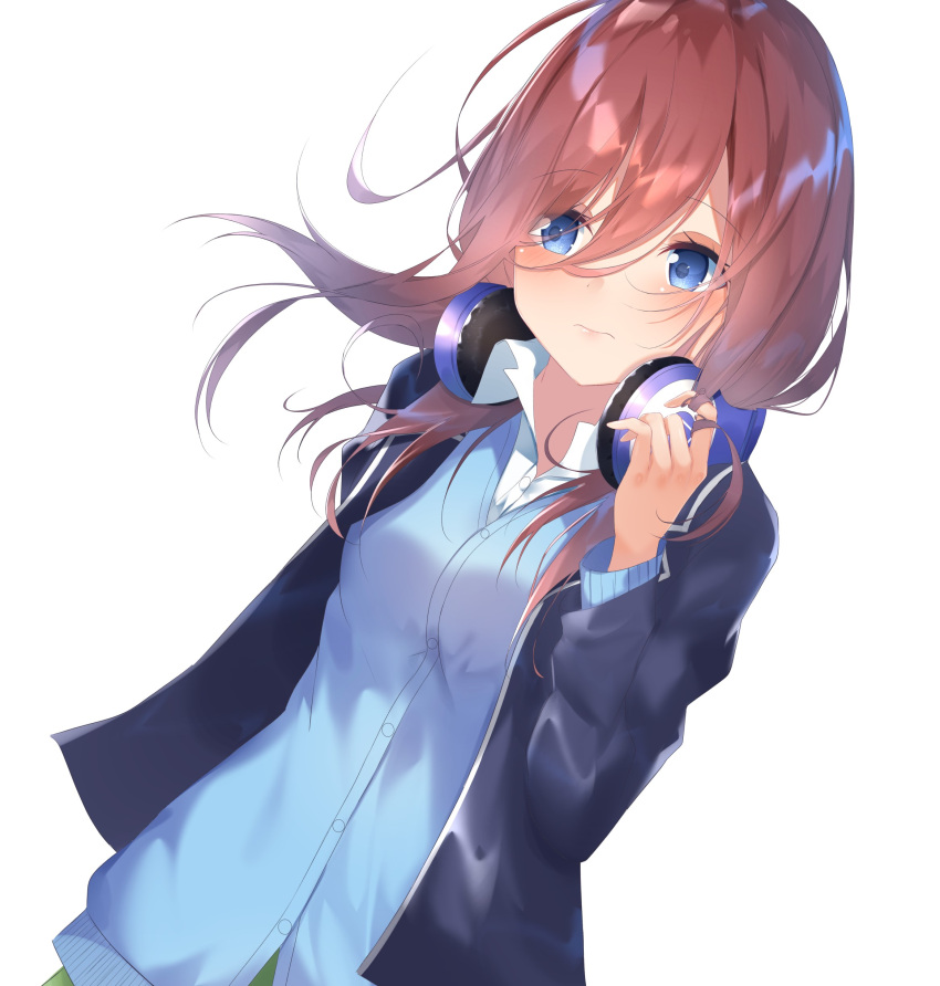 1girl absurdres bangs blazer blue_cardigan blue_eyes blue_jacket blush breasts brown_hair cardigan closed_mouth collared_shirt commentary_request dress_shirt dutch_angle eyebrows_visible_through_hair go-toubun_no_hanayome green_skirt hair_between_eyes headphones headphones_around_neck highres jacket long_hair looking_away looking_to_the_side medium_breasts nakano_miku open_blazer open_clothes open_jacket shirt simple_background skirt solo suisen-21 white_background white_shirt