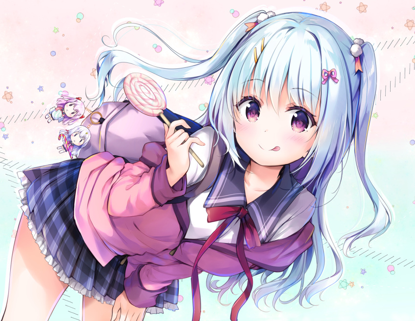 1girl :p backpack bag bag_charm bangs black_sailor_collar blue_hair blue_skirt blush bow candy charm_(object) closed_mouth commentary_request eyebrows_visible_through_hair food frilled_skirt frills hair_between_eyes hair_bobbles hair_ornament hairclip highres hisama_kumako holding holding_food holding_lollipop jacket leaning_forward lollipop long_hair long_sleeves off_shoulder open_clothes open_jacket original pink_jacket plaid plaid_skirt pleated_skirt red_bow red_eyes sailor_collar shirt skirt sleeves_past_wrists smile solo swirl_lollipop tongue tongue_out two_side_up very_long_hair white_shirt