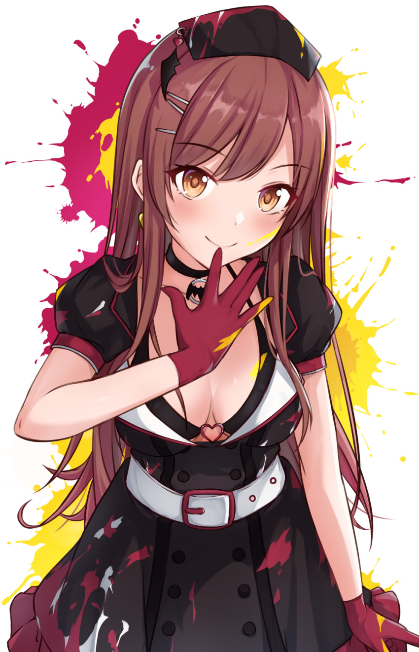 1girl alisia0812 belt black_bra black_choker black_dress black_headwear blush bra breasts brown_eyes brown_hair choker cleavage closed_mouth commentary_request cowboy_shot dress gloves hair_ornament hairclip hand_up highres idolmaster idolmaster_shiny_colors long_hair looking_at_viewer medium_breasts oosaki_amana red_gloves short_sleeves sidelocks smile solo underwear wing_collar