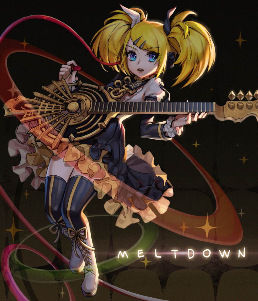 1girl absurdres bangs black_bow black_legwear black_sleeves blonde_hair blue_eyes boots bow copyright_name detached_sleeves doyoom eyebrows_visible_through_hair frilled_sleeves frills full_body hair_bow hair_ornament highres holding holding_instrument instrument kagamine_rin layered_skirt long_hair long_sleeves looking_at_viewer miniskirt multicolored multicolored_clothes multicolored_skirt open_mouth ribbon roshin_yuukai_(vocaloid) short_sleeves skirt solo sweatdrop swept_bangs thigh-highs twintails vocaloid white_bow white_footwear yellow_ribbon