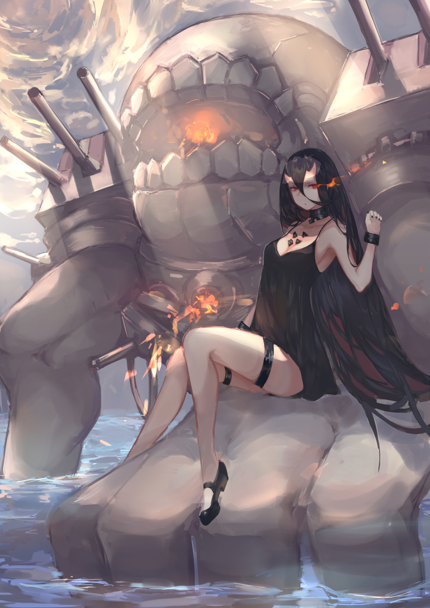 1girl absurdres battleship_hime black_dress black_footwear black_hair breasts commentary_request dress full_body highres horns kantai_collection long_hair medium_breasts outdoors red_eyes shinkaisei-kan shoes very_long_hair water wrist_cuffs yan_ge