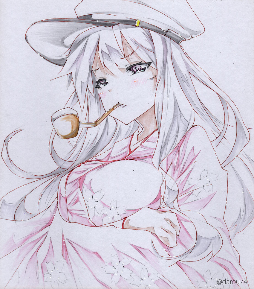 1girl alternate_costume blush breasts darou74 facial_scar flat_cap floral_print gangut_(kantai_collection) grey_eyes grey_hair hair_between_eyes hat highres japanese_clothes kantai_collection kimono large_breasts long_hair military_hat peaked_cap pink_kimono pipe pipe_in_mouth scar scar_on_cheek