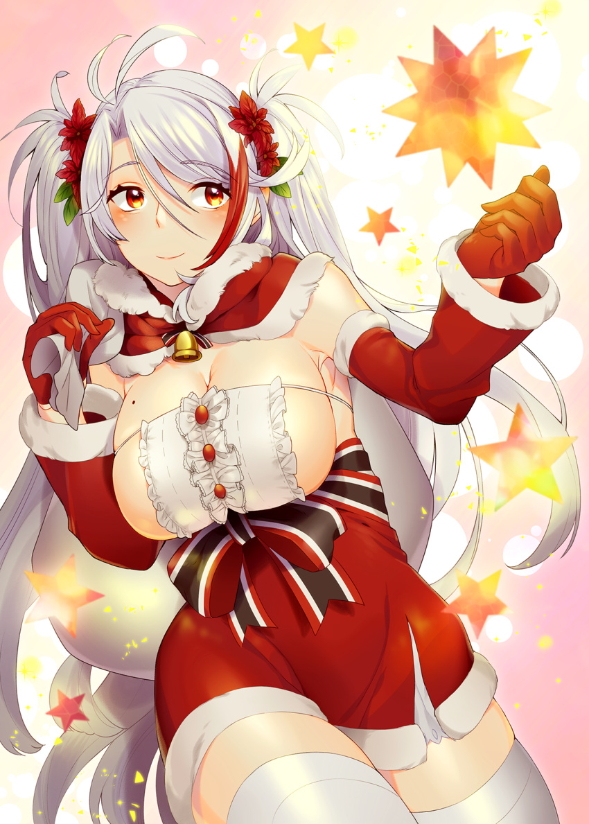 1girl antenna_hair azur_lane bell bow breasts center_frills christmas cleavage closed_mouth detached_sleeves eyebrows_visible_through_hair flower fur-trimmed_skirt fur-trimmed_sleeves fur_trim gloves hair_between_eyes hair_flower hair_intakes hair_ornament high-waist_skirt highres holding holding_sack large_breasts leaf long_hair long_sleeves mimiko_(fuji_310) mole mole_on_breast multicolored multicolored_eyes multicolored_hair over_shoulder prinz_eugen_(azur_lane) red_eyes red_flower red_gloves red_skirt redhead sack santa_costume sideboob silver_hair skirt smile solo star streaked_hair thigh-highs thighs two-tone_hair two_side_up very_long_hair white_legwear yellow_eyes zettai_ryouiki