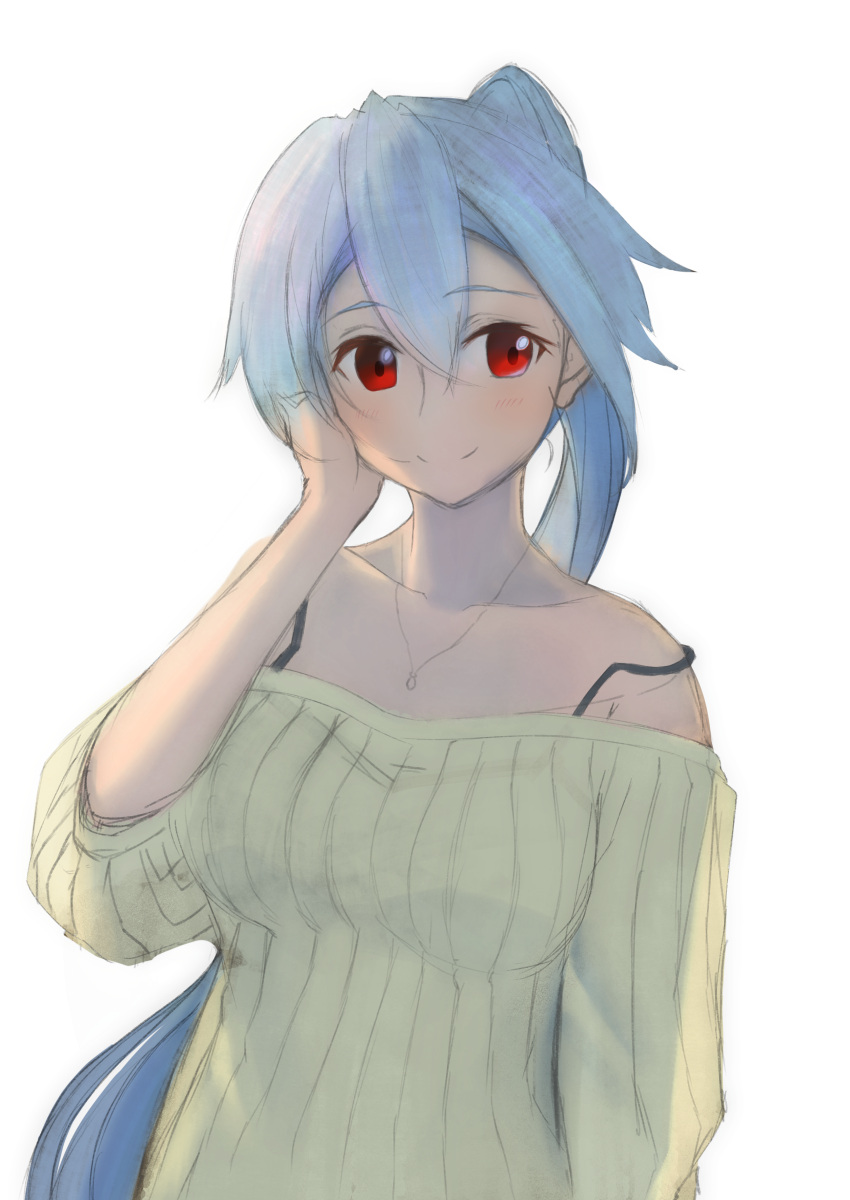 1girl absurdres blush bra_strap collarbone commentary_request eyebrows_visible_through_hair fate/grand_order fate_(series) hair_between_eyes hand_on_own_cheek highres jewelry kiryuu_aoi long_hair looking_at_viewer necklace off-shoulder_sweater off_shoulder ponytail red_eyes ribbed_sweater silver_hair sketch smile solo sweater tomoe_gozen_(fate/grand_order) very_long_hair white_sweater