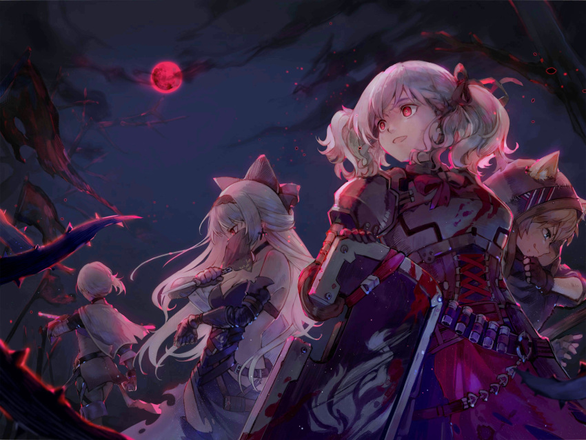 alternate_costume alternate_hairstyle animal_ears armor axe bandolier battle_axe blood blood_stain breasts cat_ears cleavage dagger dancer fantasy forest full_moon girls_frontline glowing glowing_eyes highres hood idw_(girls_frontline) knife knight moon nature night official_art red_eyes shotgun_shells shuzi spas-12_(girls_frontline) thief thompson/center_contender_(girls_frontline) tokarev_(girls_frontline) twintails weapon