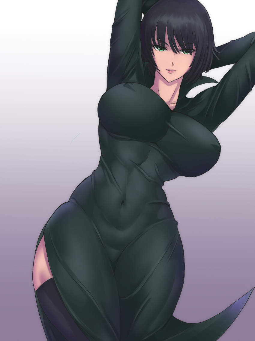 1girl arms_behind_head arms_up black_dress black_hair black_legwear breasts closed_mouth covered_navel covered_nipples dress eyebrows_visible_through_hair eyes_visible_through_hair fubuki_(one-punch_man) gradient gradient_background green_eyes hair_between_eyes highres large_breasts legs_together lips long_sleeves looking_at_viewer one-punch_man purple_background shiva_(johan-s) skin_tight solo thick_thighs thigh-highs thighs toned white_background