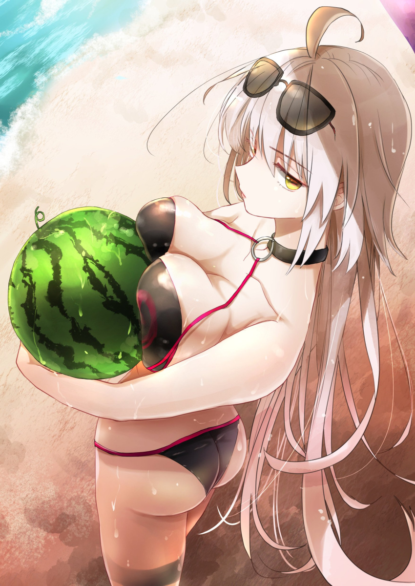 1girl absurdres ahoge ass beach bikini black_bikini black_choker breasts butt_crack carrying choker cleavage emilio_(tetsukazu_no_ao) eyebrows_visible_through_hair eyewear_on_head fate/grand_order fate_(series) food from_above fruit highres jeanne_d'arc_(alter_swimsuit_berserker) jeanne_d'arc_(fate)_(all) large_breasts long_hair melon o-ring o-ring_bikini o-ring_bottom o-ring_top ocean outdoors silver_hair solo swimsuit thigh_strap tsurime very_long_hair yellow_eyes