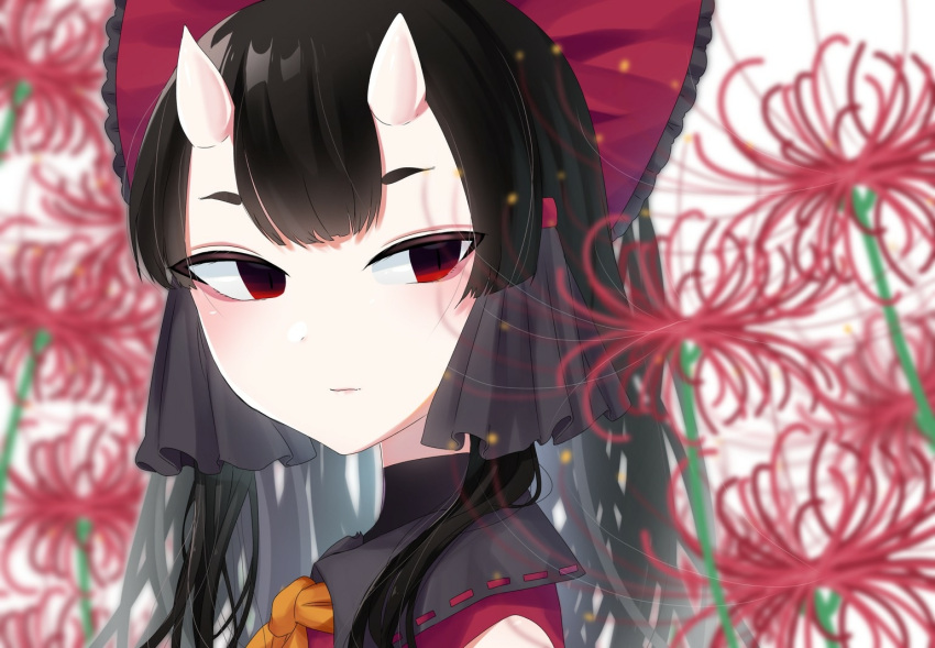 1girl black_hair black_ribbon blurry blurry_foreground bow closed_mouth collared_shirt commentary_request depth_of_field eringi_(rmrafrn) flower frilled_bow frills hair_bow hair_ribbon hakurei_reimu horns long_hair oni oni_horns orange_neckwear red_bow red_eyes red_flower red_shirt ribbon ribbon_trim shirt sleeveless sleeveless_shirt slit_pupils solo spider_lily thick_eyebrows touhou upper_body white_background