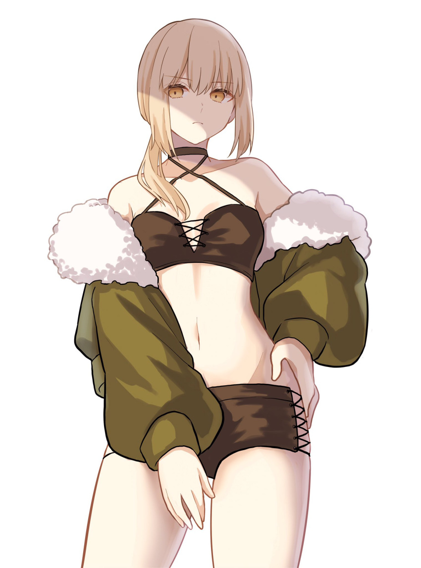 1girl alternate_costume artoria_pendragon_(all) bangs bare_shoulders blonde_hair breasts closed_mouth collarbone eyebrows_visible_through_hair fate/grand_order fate/stay_night fate_(series) fur_trim green_jacket hand_on_hip highres jacket legs lq_saku medium_hair midriff navel ponytail revealing_clothes saber_alter shorts simple_background small_breasts solo thighs white_background yellow_eyes