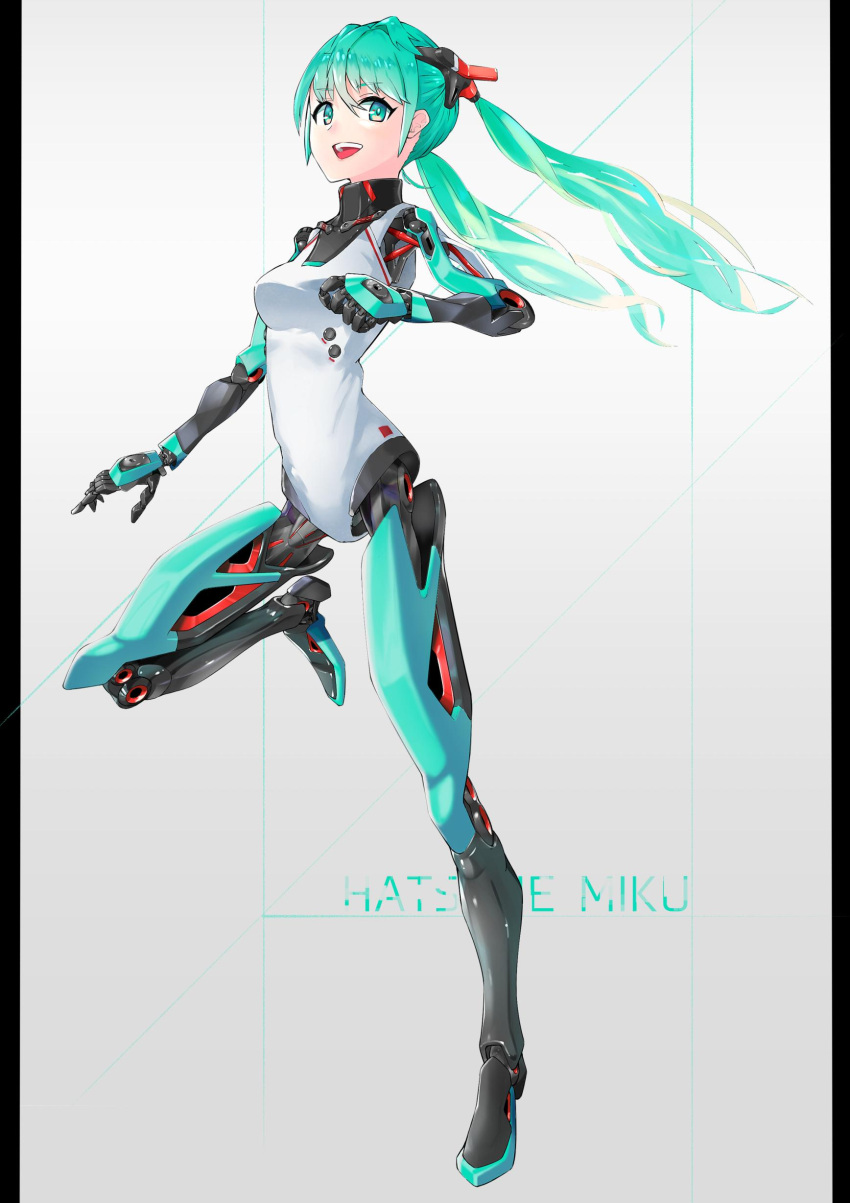 1girl :d absurdres android aqua_eyes aqua_hair character_name elgosphere eyebrows_visible_through_hair full_body grey_background hatsune_miku highres leg_up letterboxed long_hair looking_at_viewer open_mouth robot_joints simple_background smile solo standing standing_on_one_leg twintails upper_teeth vocaloid