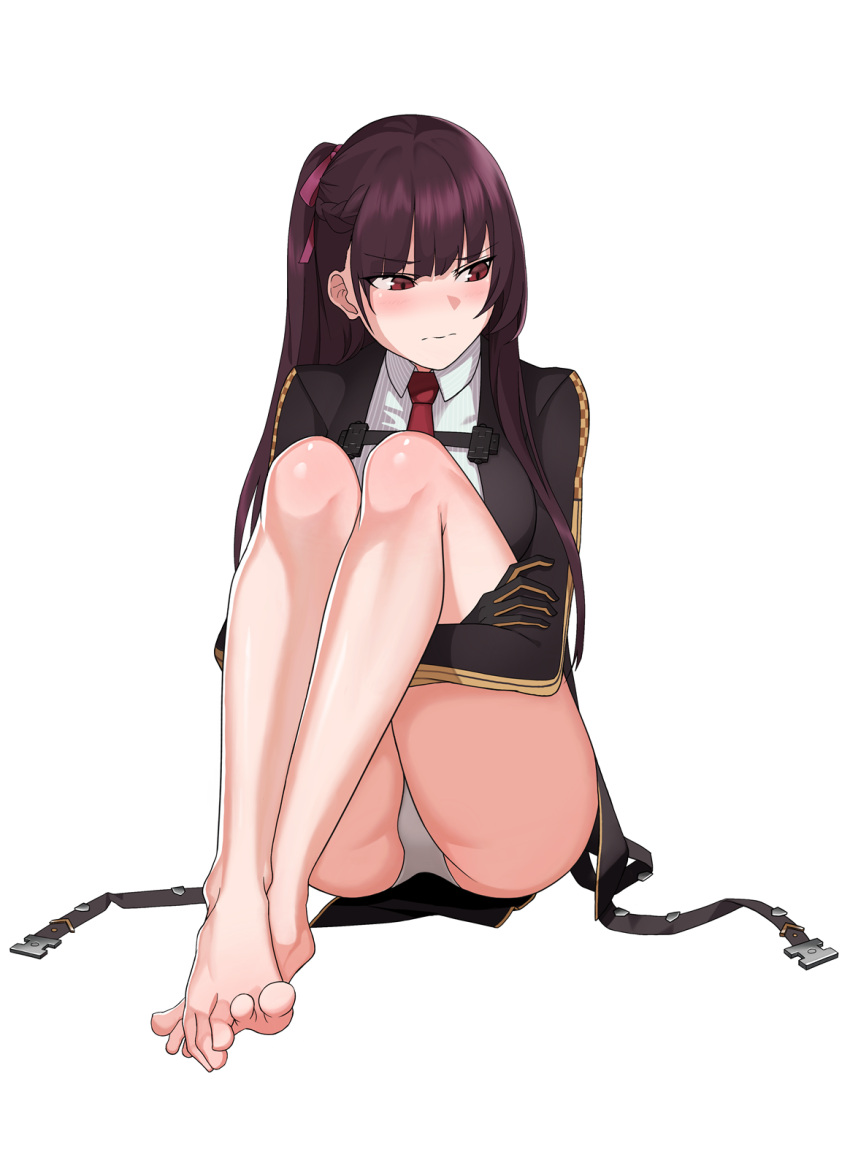 1girl ass bad_id black_gloves blush breasts cero_(last2stage) eyebrows_visible_through_hair girls_frontline gloves highres jacket knees_to_chest long_hair necktie no_shoes panties purple_hair red_eyes simple_background solo underwear wa2000_(girls_frontline) white_background white_panties