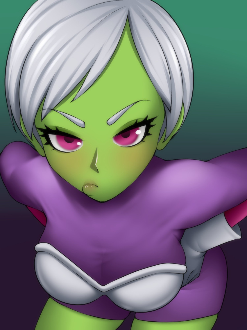 1girl armor bodysuit breasts cheelai closed_mouth dragon_ball dragon_ball_super dragon_ball_super_broly eyebrows_visible_through_hair eyelashes gloves green_skin hand_on_hip hanging_breasts highres lips loen-lapae looking_at_viewer medium_breasts pout purple_bodysuit short_hair simple_background solo thighs violet_eyes white_gloves white_hair