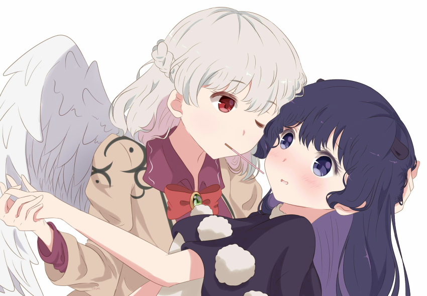 2girls animal_ears bangs black_capelet blue_eyes blue_hair bow bowtie braid brooch brown_jacket capelet commentary doremy_sweet dress english_commentary eye_contact eyebrows_visible_through_hair feathered_wings food food_in_mouth french_braid hand_holding highres jacket jewelry kishin_sagume long_hair long_sleeves looking_at_another mouth_hold multiple_girls no_hat no_headwear one_eye_closed open_clothes open_jacket parted_lips pocky pocky_kiss pom_pom_(clothes) purple_dress red_bow red_eyes red_neckwear shared_food short_hair silver_hair simple_background single_wing tapir_ears touhou upper_body white_background white_dress white_wings wings yukome yuri