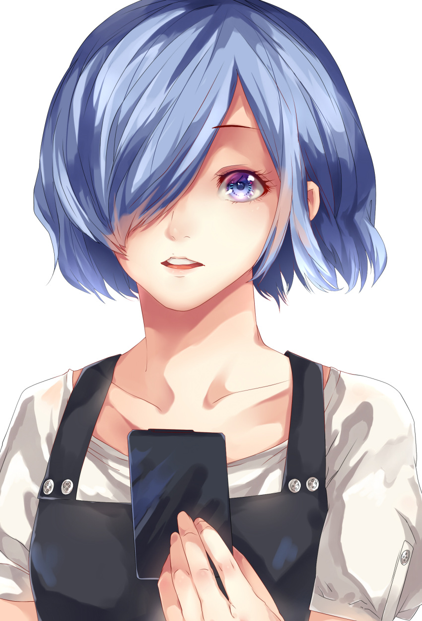 1girl apron black_apron blue_eyes blue_hair card collarbone commentary_request g4265059 hair_over_one_eye highres holding holding_card kirishima_touka looking_at_viewer one_eye_covered shirt short_hair simple_background solo tokyo_ghoul tokyo_ghoul:re upper_teeth white_background white_shirt