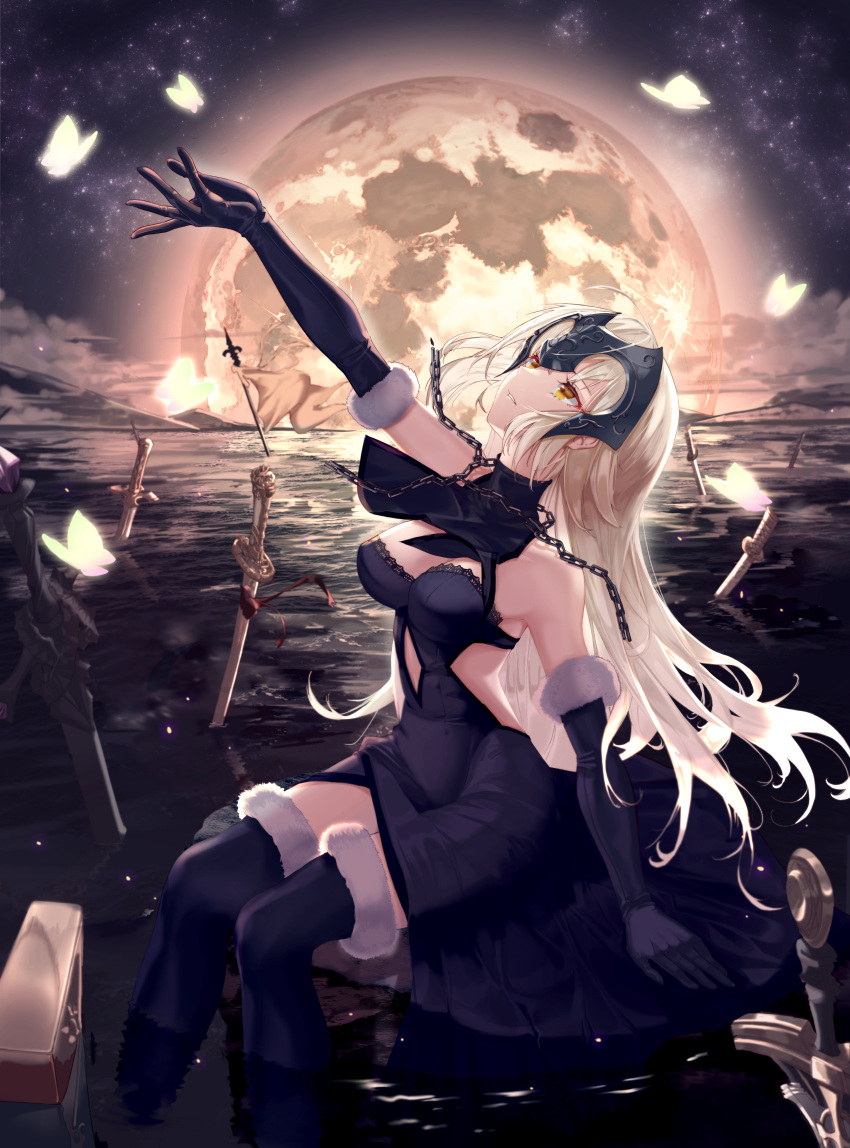 1girl absurdres arm_support arm_up black_gloves black_legwear blonde_hair brown_eyes bug butterfly chains elbow_gloves eyebrows_visible_through_hair fate/grand_order fate_(series) gloves highres insect jeanne_d'arc_(alter)_(fate) jeanne_d'arc_(fate) jeanne_d'arc_(fate)_(all) long_hair looking_away looking_up moon mute_fanta855 over-kneehighs parted_lips sitting solo sword thigh-highs water weapon