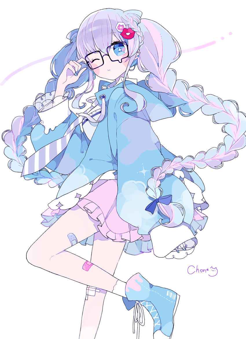 +_+ 1girl adjusting_eyewear bandaid bandaid_on_leg black-framed_eyewear blue_bow blue_eyes blue_footwear blue_hair blue_jacket blue_nails blush_stickers boots bow braid chon_(chon33v) closed_mouth collared_shirt commentary_request drawstring ear_piercing fingernails frilled_skirt frills glasses hair_bow hair_ornament hand_up head_tilt heart heart_cutout highres jacket long_hair long_sleeves multicolored_hair nail_polish one_eye_closed original piercing pink_skirt puffy_long_sleeves puffy_sleeves purple_hair shirt signature simple_background skirt sleeves_past_wrists socks solo standing standing_on_one_leg sweater_vest twin_braids twintails two-tone_hair very_long_hair white_background white_legwear white_shirt