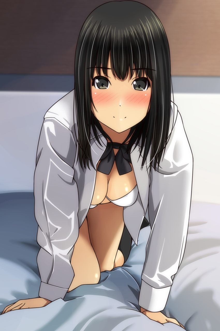 1girl absurdres all_fours bangs bed_sheet black_bow black_hair black_legwear blurry blurry_background blush bow bra breasts brown_eyes cleavage closed_mouth collared_shirt depth_of_field eyebrows_visible_through_hair full_body hair_between_eyes highres kneehighs long_hair long_sleeves matsunaga_kouyou medium_breasts no_shoes nose_blush open_clothes open_shirt original shirt smile solo underwear white_bra white_shirt