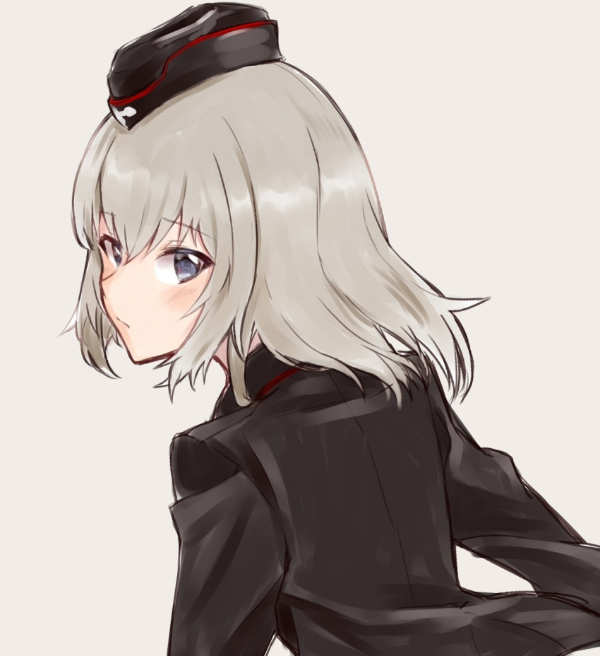 1girl bangs black_headwear blue_eyes blush closed_mouth eyebrows_visible_through_hair from_side frown garrison_cap girls_und_panzer grey_background hat highres insignia itsumi_erika jacket kuromorimine_military_uniform leaning_forward long_hair long_sleeves looking_at_viewer looking_back mamu_t7s military military_hat military_uniform silver_hair solo standing uniform upper_body