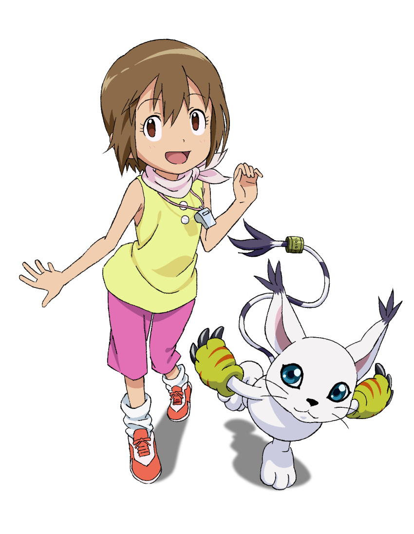 1girl brown_eyes brown_hair commentary_request digimon digimon_adventure gloves highres looking_at_viewer multiple_girls short_hair simple_background smile tailmon traditional_media utsuki white_background yagami_hikari