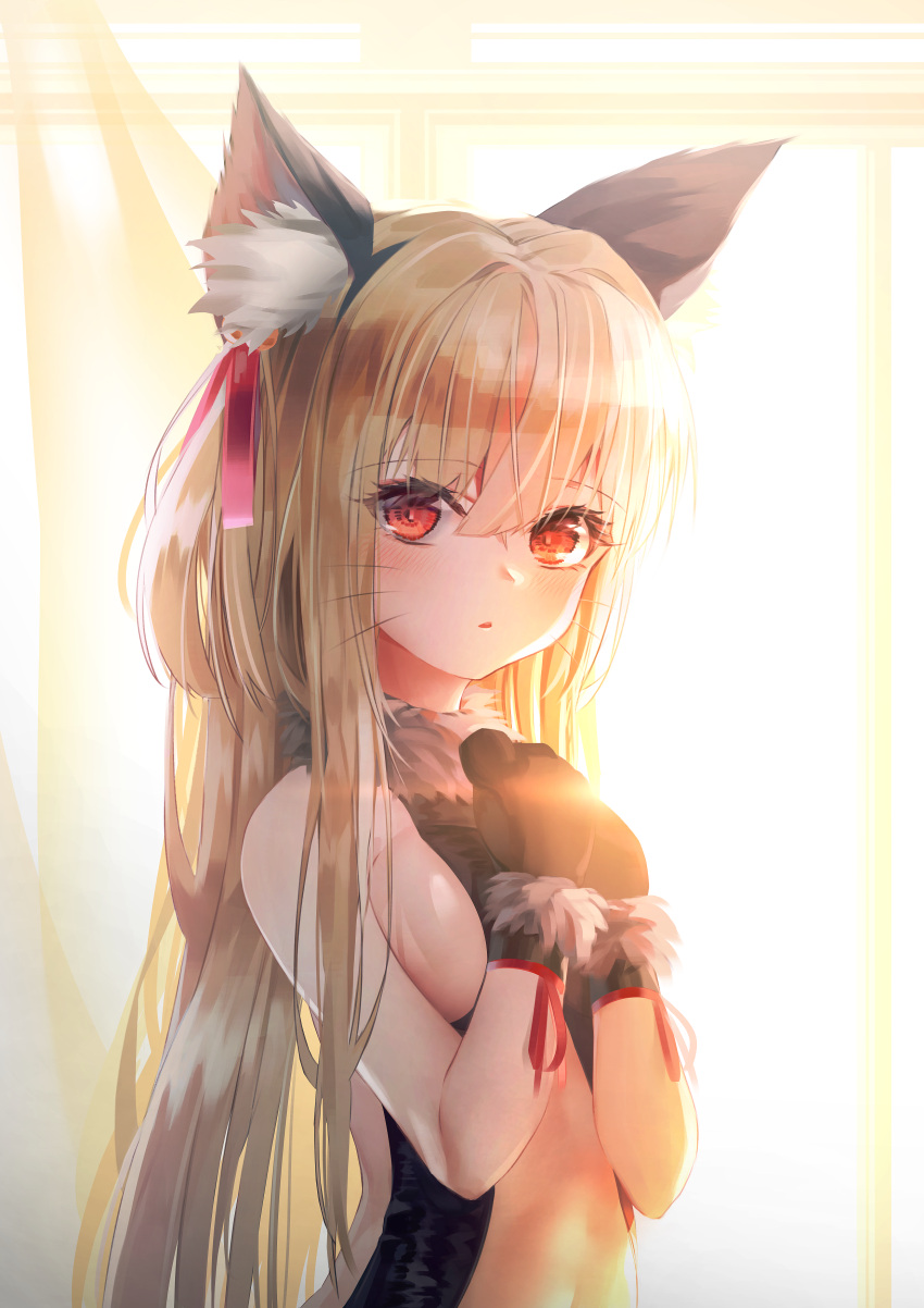 1girl absurdres animal_ear_fluff animal_ears bangs black_gloves black_hairband black_leotard blonde_hair blush commentary_request eyebrows_visible_through_hair fake_animal_ears fate/kaleid_liner_prisma_illya fate_(series) fur-trimmed_gloves fur_trim gloves hair_between_eyes hair_bobbles hair_ornament hair_ribbon hairband hands_up highres illyasviel_von_einzbern leotard long_hair navel one_side_up parted_lips paw_gloves paws poharo red_eyes red_ribbon ribbon solo upper_body upper_teeth very_long_hair whiskers