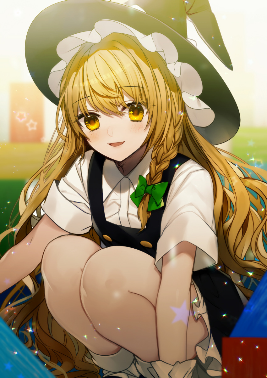 1girl :d absurdres bangs black_dress black_headwear blonde_hair blurry blurry_background blush bow braid daimaou_ruaeru dress eyebrows_visible_through_hair feet_out_of_frame freckles green_bow hair_between_eyes hair_bow hat hat_bow highres kirisame_marisa light_particles long_hair looking_at_viewer open_mouth petticoat short_dress short_sleeves single_braid smile socks solo squatting thighs touhou very_long_hair white_bow white_legwear witch_hat wrist_cuffs yellow_eyes