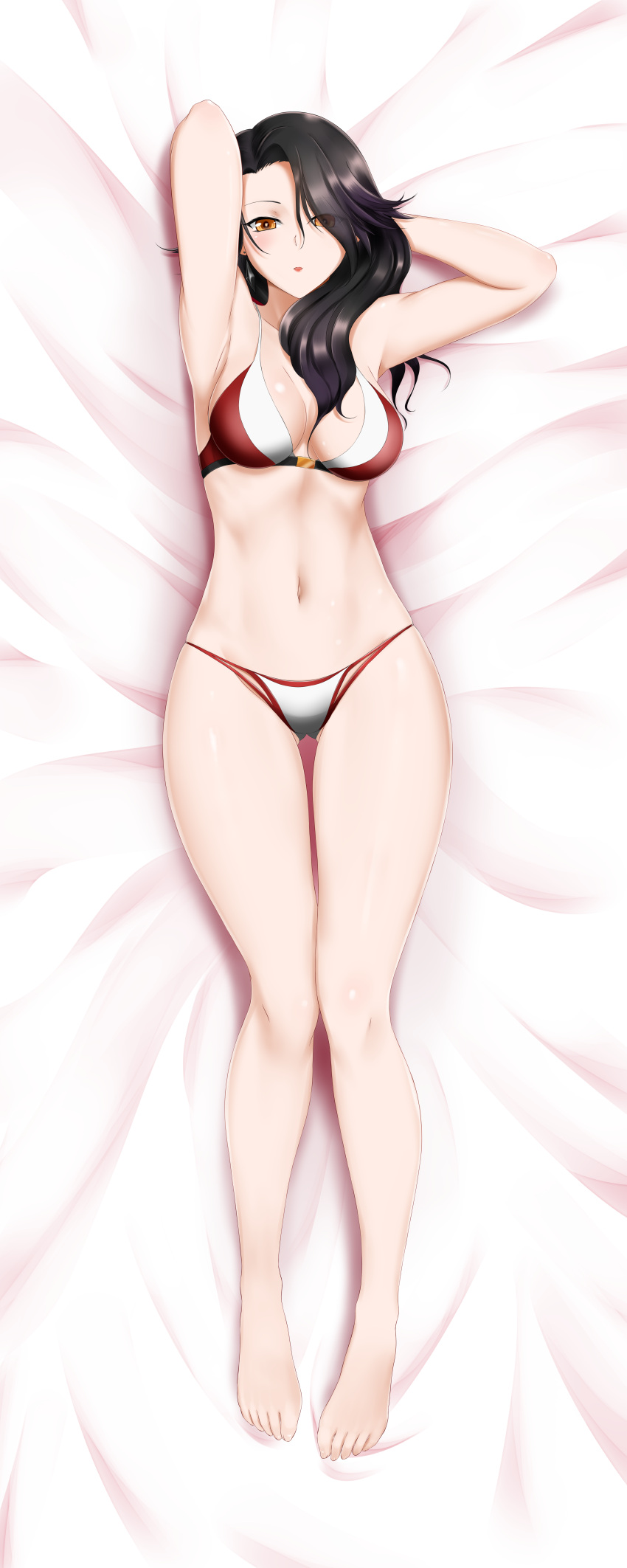 1girl absurdres alfred_cullado armpits arms_behind_head ass_visible_through_thighs asymmetrical_hair barefoot bed_sheet bikini black_hair breasts cinder_fall cleavage dakimakura eyes_visible_through_hair from_above full_body hair_over_one_eye hair_over_shoulder highres incredibly_absurdres long_hair looking_at_viewer lying medium_breasts multi-strapped_bikini navel on_back paid_reward patreon_reward red_bikini rwby sideboob solo swimsuit thigh_gap