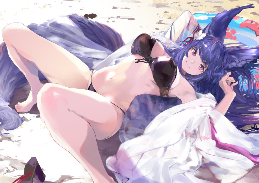 1girl animal_ears barefoot bikini black_bikini blue_hair breasts closed_mouth commentary_request erune fox_ears fox_tail granblue_fantasy hair_ornament highres innertube kanasebench large_breasts long_hair looking_at_viewer lying navel on_back pink_eyes solo swimsuit tail very_long_hair yuel_(granblue_fantasy)