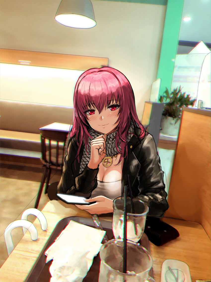 1girl absurdres alternate_costume booth breasts ceiling_light chromatic_aberration cleavage display_case drinking_straw fate/grand_order fate_(series) glass greem_bang hair_intakes highres holding holding_phone indoors jacket jewelry leather leather_jacket lips long_hair long_sleeves looking_at_viewer napkin necklace phone plant potted_plant purple_hair red_eyes scarf scathach_(fate)_(all) scathach_(fate/grand_order) shirt smile solo table tray white_shirt