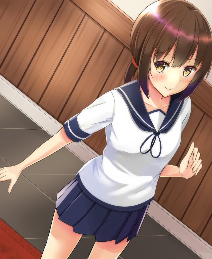 1girl blue_neckwear blue_sailor_collar blue_skirt brown_eyes brown_hair commentary_request cowboy_shot dutch_angle fubuki_(kantai_collection) highres kantai_collection looking_at_viewer low_ponytail neckerchief pleated_skirt ponytail sailor_collar school_uniform serafuku short_ponytail sidelocks skirt smile solo standing toyomi_13