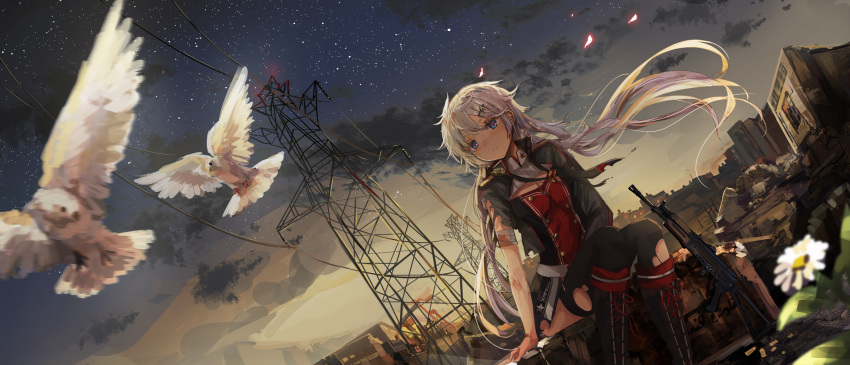 1girl assault_rifle bandage bird blood blurry_foreground blush boots breasts cable cleavage dawn flower girls_frontline gun hair_between_eyes hair_ornament hairclip highres icywood long_hair looking_at_viewer necktie night night_sky ots-12_(girls_frontline) rifle rock ruins sitting sitting_on_object sky solo thigh-highs torn_clothes torn_legwear transmission_tower weapon white_hair