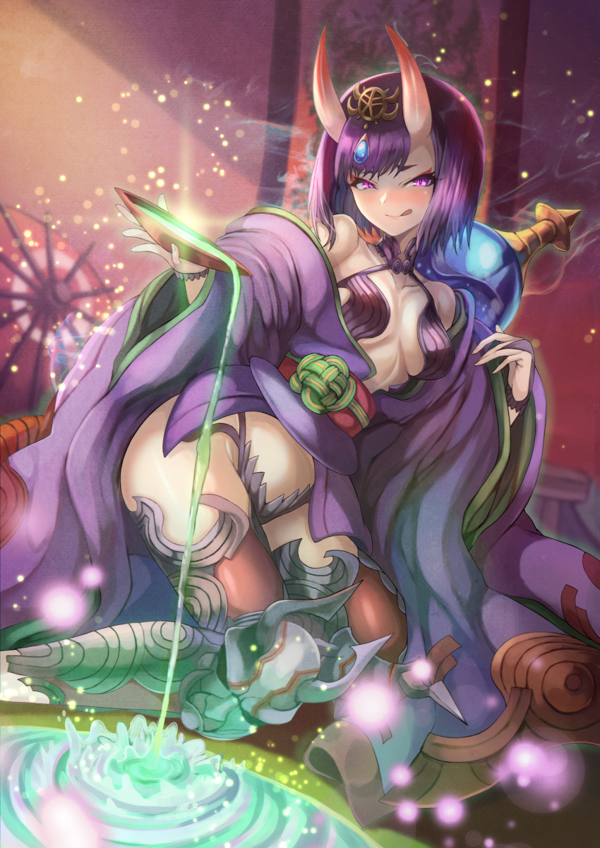 1girl alcohol bangs bare_shoulders blush bob_cut breasts closed_mouth cup eyeliner fate/grand_order fate_(series) gourd headpiece highres horns japanese_clothes kimono licking_lips looking_at_viewer makeup navel off_shoulder ohako_(ohako1818) oni oni_horns open_clothes open_kimono purple_hair purple_kimono revealing_clothes sakazuki sake short_eyebrows short_hair shuten_douji_(fate/grand_order) small_breasts smile solo thighs tongue tongue_out violet_eyes