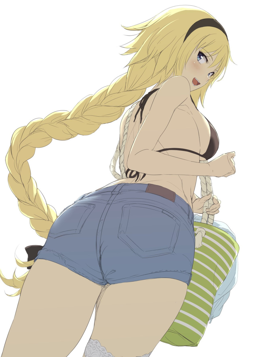 1girl :d akita_hika ass back bag bangs bare_arms bare_shoulders bikini_top black_bikini_top black_hairband blonde_hair blue_eyes blue_shorts blush braid breasts commentary_request cowboy_shot denim denim_shorts eyebrows_visible_through_hair fate/grand_order fate_(series) from_behind from_below hairband highres holding holding_bag jeanne_d'arc_(fate) jeanne_d'arc_(fate)_(all) large_breasts long_hair looking_at_viewer looking_back looking_down open_mouth shorts sideboob simple_background single_braid single_thighhigh sketch smile solo swimsuit thigh-highs very_long_hair white_background white_legwear
