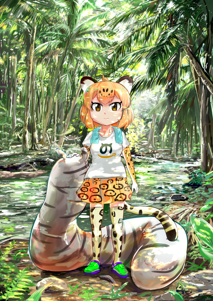 1girl alternate_costume amazon_(company) animal_ears animal_print arm_at_side brown_eyes chibi closed_mouth collarbone dappled_sunlight day eyebrows_visible_through_hair forest fuji_takanasu full_body gloves hand_on_another's_head highres jaguar_(kemono_friends) jaguar_ears jaguar_print jaguar_tail japari_symbol kemono_friends looking_at_viewer medium_hair nature orange_hair outdoors print_gloves print_legwear print_skirt river savanna_striped_giant_slug_(kemono_friends) shirt short_sleeves skirt slug smile sunlight t-shirt tail thigh-highs towel towel_around_neck tree water zettai_ryouiki