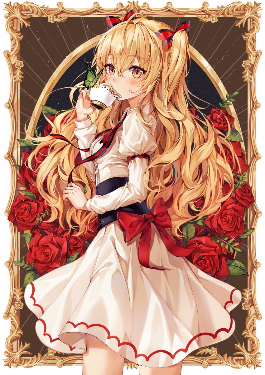 1girl ahoge black_bow blonde_hair blush bow breasts brown_eyes bug butterfly character_request copyright_request cup dress drinking eyebrows_visible_through_hair flower from_side hair_bow hair_ornament highres holding insect long_hair long_sleeves medium_breasts multicolored_bow red_bow red_flower red_neckwear red_ribbon red_rose ribbon rose short_twintails solo standing teacup ttosom twintails very_long_hair white_dress yellow_eyes