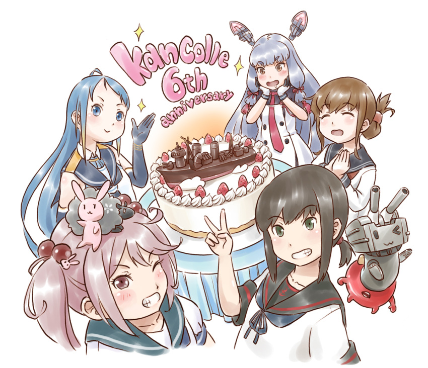 2others 5girls ;) ;3 animal animal_on_head bangs black_hair blue_eyes blue_gloves blue_hair brown_hair cake dress drooling elbow_gloves enemy_lifebuoy_(kantai_collection) english_text eyebrows_visible_through_hair folded_ponytail food fubuki_(kantai_collection) gloves green_eyes hair_bobbles hair_ornament hair_ribbon headgear inazuma_(kantai_collection) kantai_collection karasu_(naoshow357) long_hair long_sleeves looking_at_viewer low_ponytail multiple_girls multiple_others murakumo_(kantai_collection) necktie on_head one_eye_closed orange_eyes pink_eyes pink_hair rabbit red_neckwear remodel_(kantai_collection) rensouhou-chan ribbon sailor_dress samidare_(kantai_collection) sazanami_(kantai_collection) school_uniform serafuku sheep shirt short_eyebrows short_hair short_ponytail short_sleeves sidelocks silver_hair simple_background sleeveless sleeveless_shirt smile swept_bangs tress_ribbon twintails upper_body white_background white_gloves