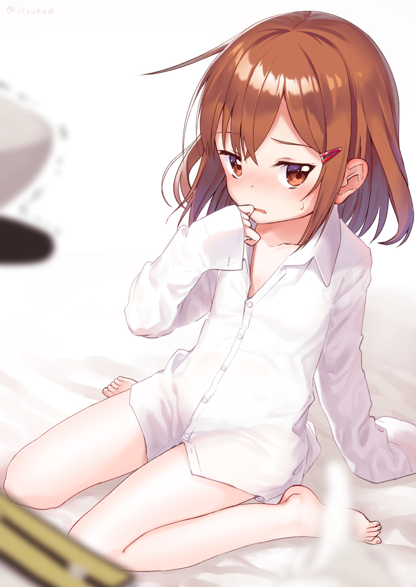 1boy 1girl absurdres admiral_(kantai_collection) alternate_costume bangs bare_legs blush brown_eyes brown_hair collarbone commentary_request dx_(dekusu) epaulettes eyebrows_visible_through_hair finger_to_mouth hair_between_eyes hair_ornament hairclip hat highres ikazuchi_(kantai_collection) kantai_collection long_sleeves looking_at_viewer loose_clothes military military_uniform naked_shirt naval_uniform peaked_cap shirt short_hair simple_background sitting sweatdrop uniform wariza