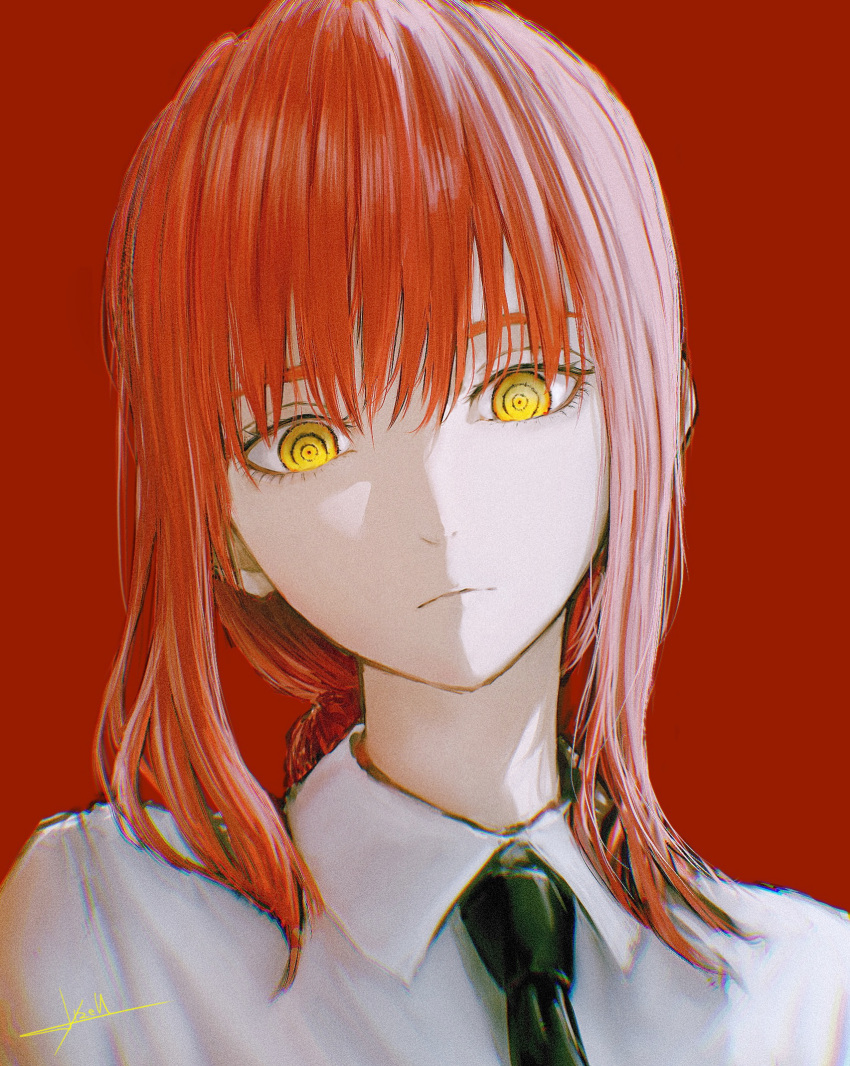 1girl bangs black_necktie braid braided_ponytail chainsaw_man closed_mouth collared_shirt hair_over_shoulder highres long_hair long_sleeves looking_at_viewer makima_(chainsaw_man) necktie ojay_tkym red_background redhead ringed_eyes shirt sidelocks signature simple_background solo uniform upper_body white_shirt yellow_eyes