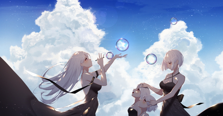 3girls :d age_difference albino ambiguous_gender arm_up bare_shoulders black_dress blue_sky blush breasts bubble_blowing buckle cleavage clouds collarbone commentary_request criss-cross_halter day dress floating_hair from_side halter_dress halterneck hand_on_another's_head highres holding kisui_(user_wswf3235) large_breasts long_hair looking_up medium_breasts multiple_girls open_mouth original outdoors outstretched_hand profile red_eyes reflection short_hair silver_hair sky smile soap_bubbles strapless strapless_dress tareme very_long_hair wind
