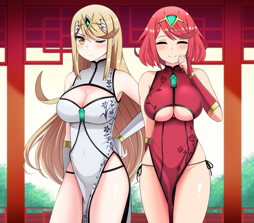 2girls absurdres alternate_costume bangs blonde_hair blush breasts bush cleavage closed_eyes day dress elbow_gloves gem gloves hair_ornament headpiece highres jewelry large_breasts long_hair multiple_girls mythra_(xenoblade) nintendo one_eye_closed pyra_(xenoblade) redhead smile swept_bangs the_only_shoe tiara under_boob very_long_hair xeno_(series) xenoblade xenoblade_(series) xenoblade_2 yellow_eyes