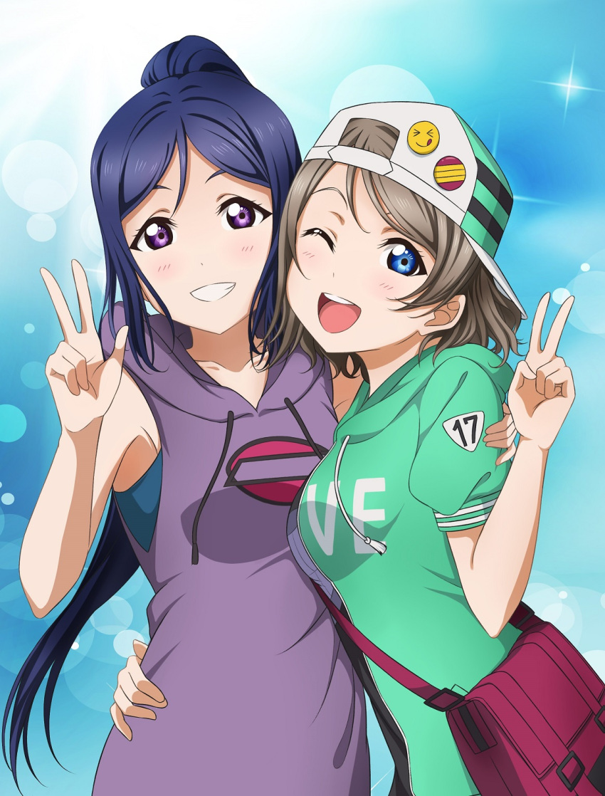 2girls ;d backwards_hat bag baseball_cap blue_background blue_eyes blue_hair brown_hair floating_hair green_sweater grin hand_on_another's_hip hat high_ponytail highres hood hood_down hooded_sweater long_hair looking_at_viewer love_live! love_live!_sunshine!! matsuura_kanan mell_ast multiple_girls official_style one_eye_closed open_mouth print_sweater purple_sweater short_hair smile sweater upper_body v very_long_hair violet_eyes w watanabe_you