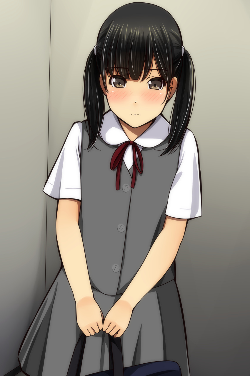 1girl absurdres bag bangs black_hair blush brown_eyes closed_mouth collared_shirt eyebrows_visible_through_hair grey_skirt grey_vest highres holding holding_bag long_hair looking_at_viewer matsunaga_kouyou neck_ribbon nose_blush original pleated_skirt red_ribbon ribbon school_bag school_uniform shirt short_sleeves skirt solo twintails vest white_shirt